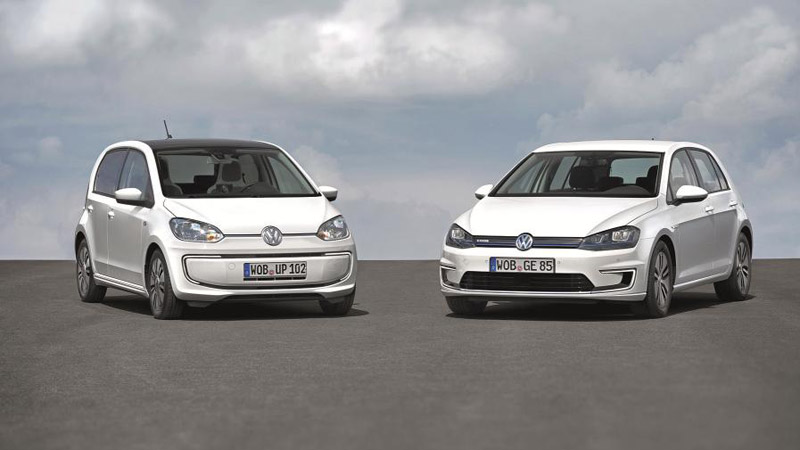 Volkswagen e-up! (left) and e-Golf (right) electric cars (EVs)