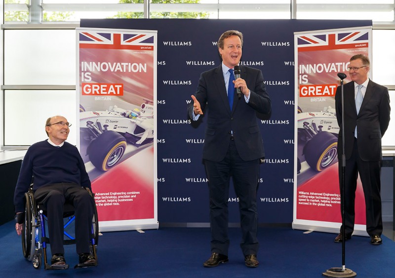 From left: Sir Frank Williams, Prime Minister David Cameron, Williams Group CEO Mike O'Driscoll